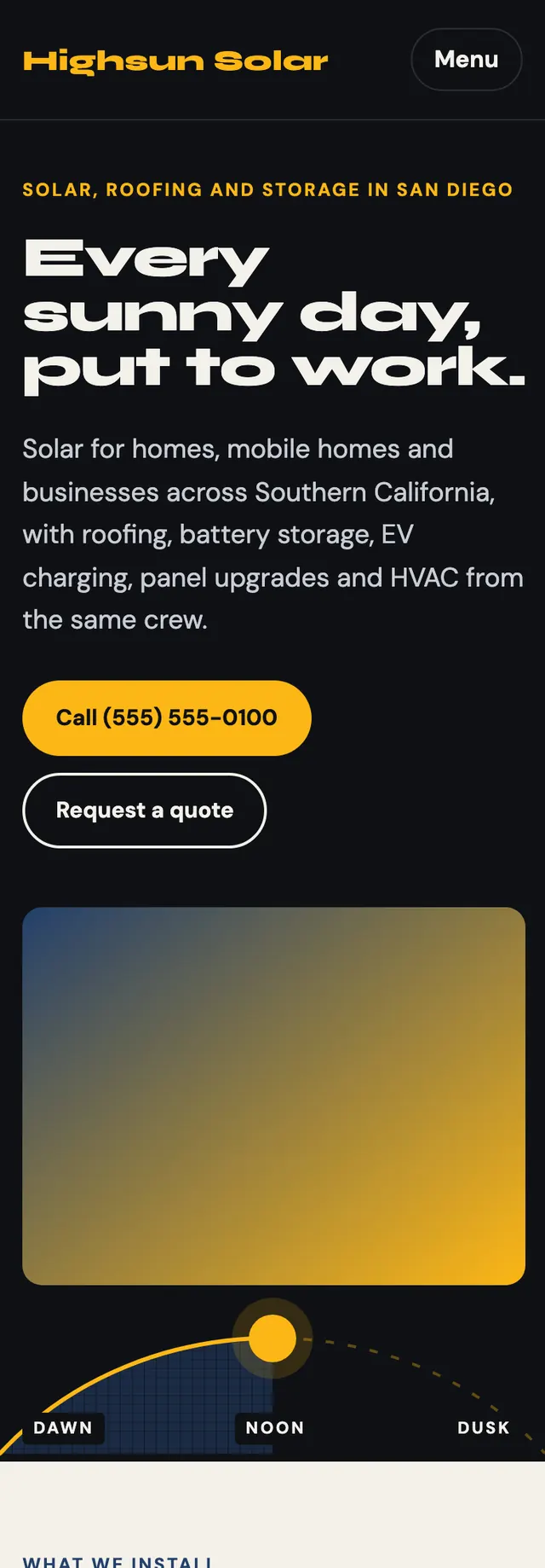 Full homepage of the solar installer concept on a phone