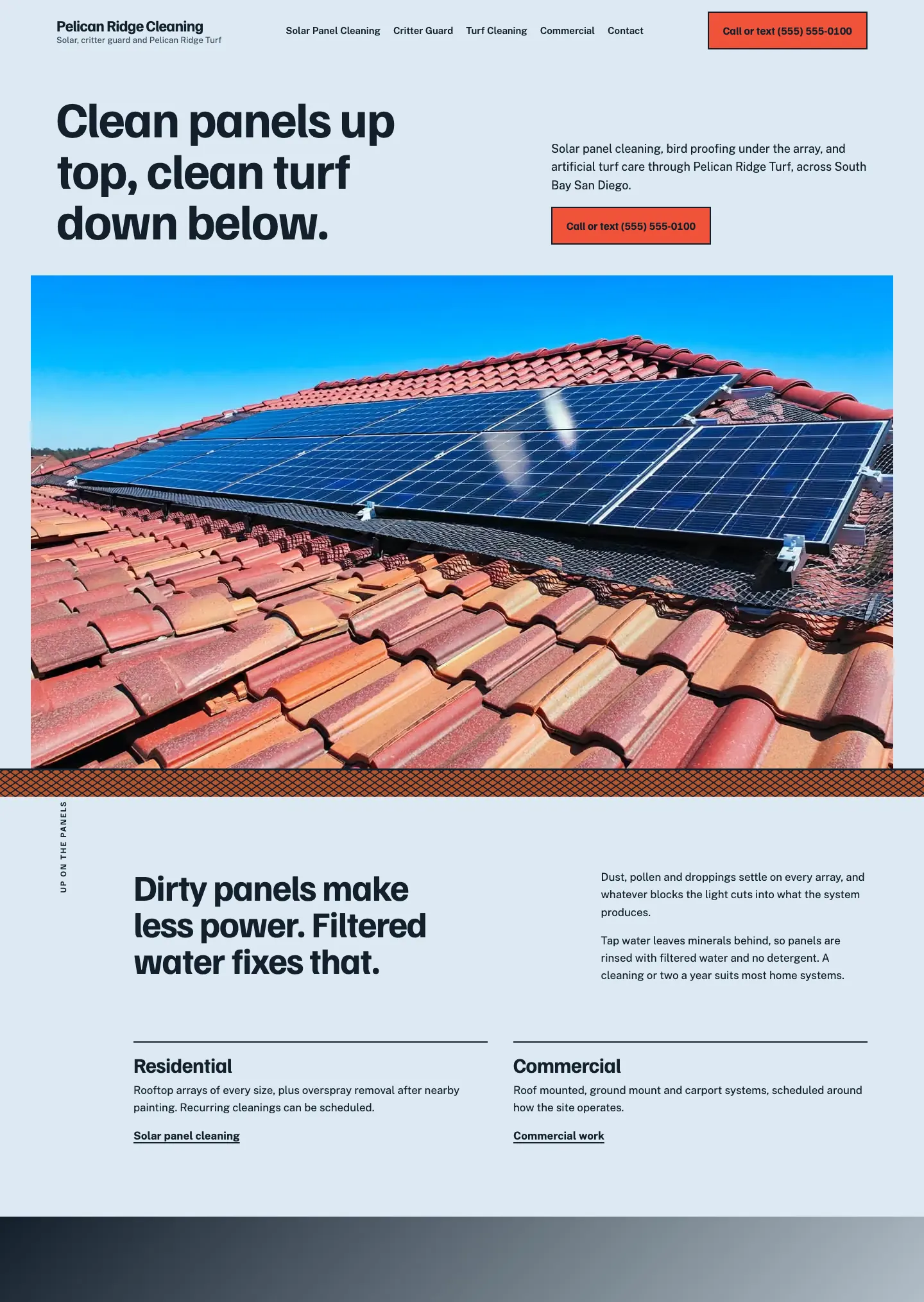 Full homepage of the solar panel and turf cleaning concept at desktop width
