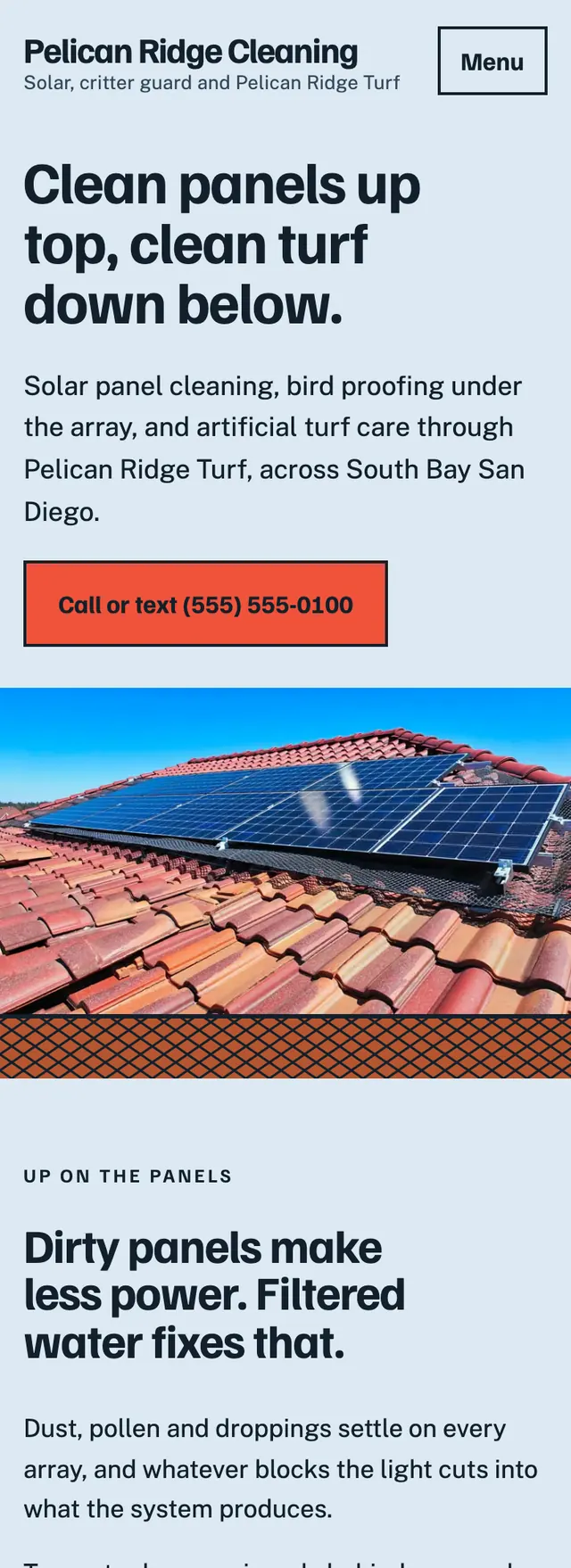 Full homepage of the solar panel and turf cleaning concept on a phone