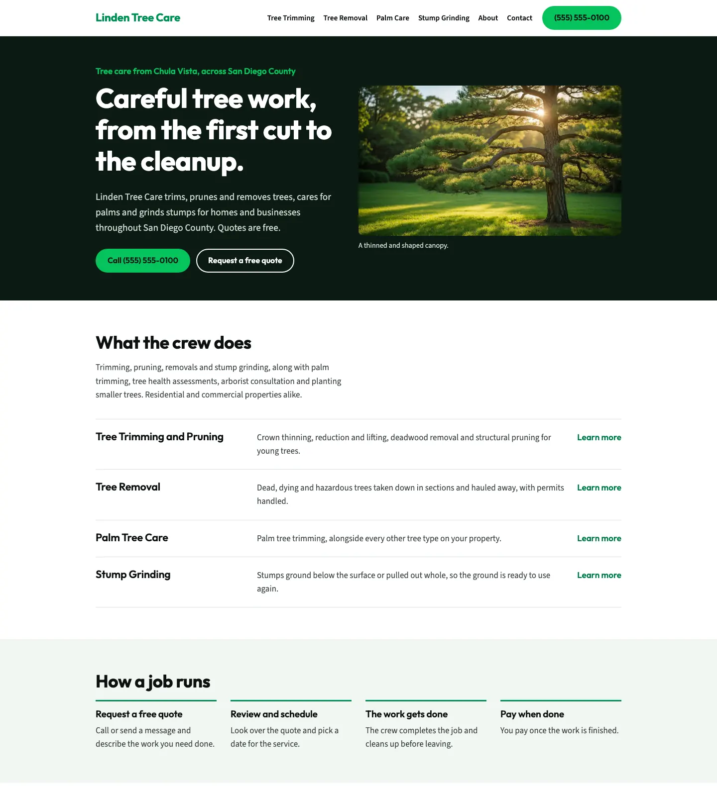 Full homepage of the tree service concept at desktop width