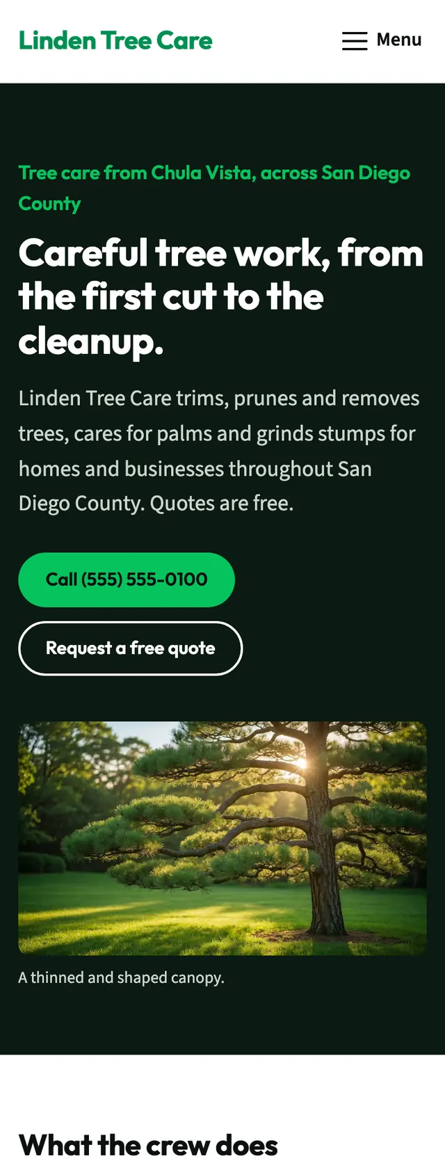 Full homepage of the tree service concept on a phone