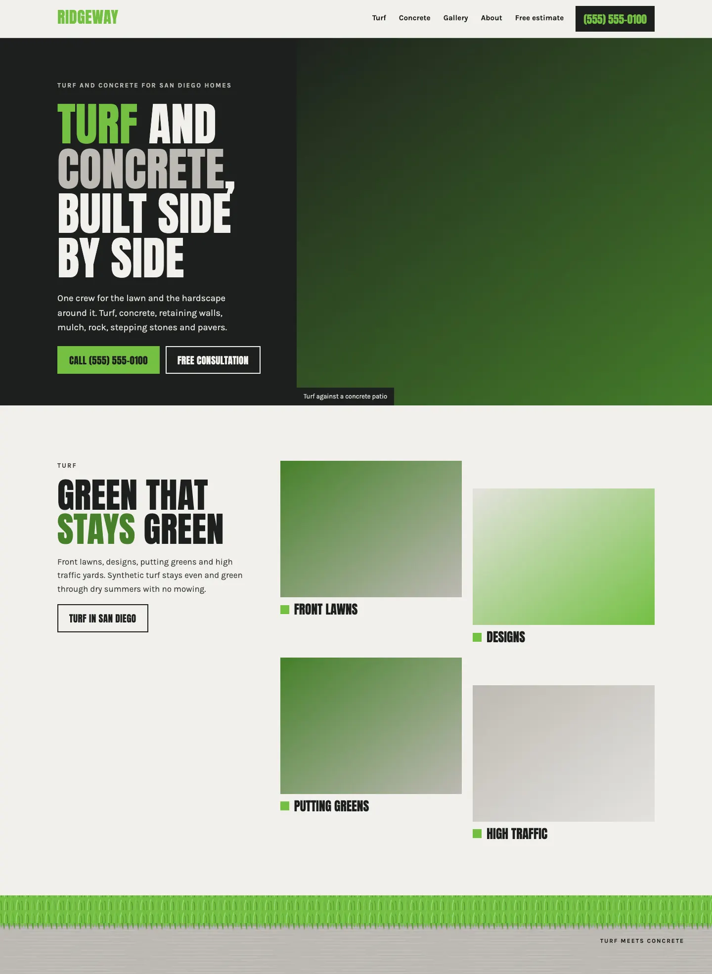 Full homepage of the turf and concrete concept at desktop width