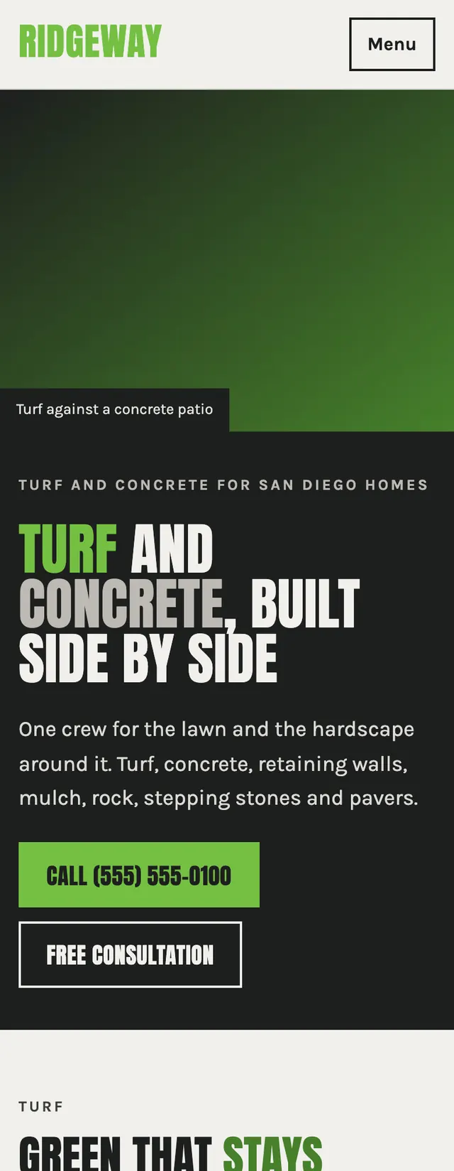 Full homepage of the turf and concrete concept on a phone
