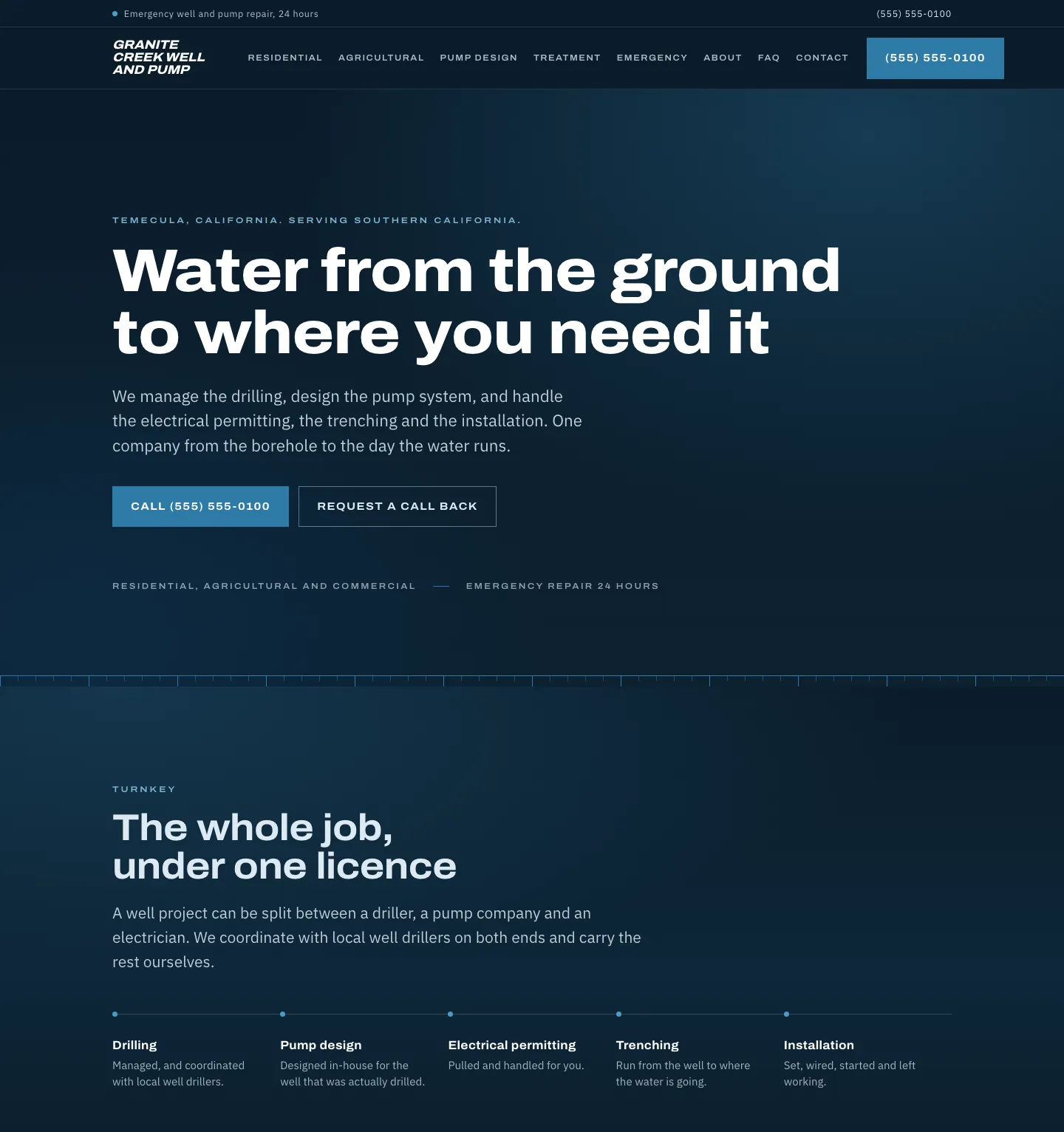 Full homepage of the well and pump service concept at desktop width