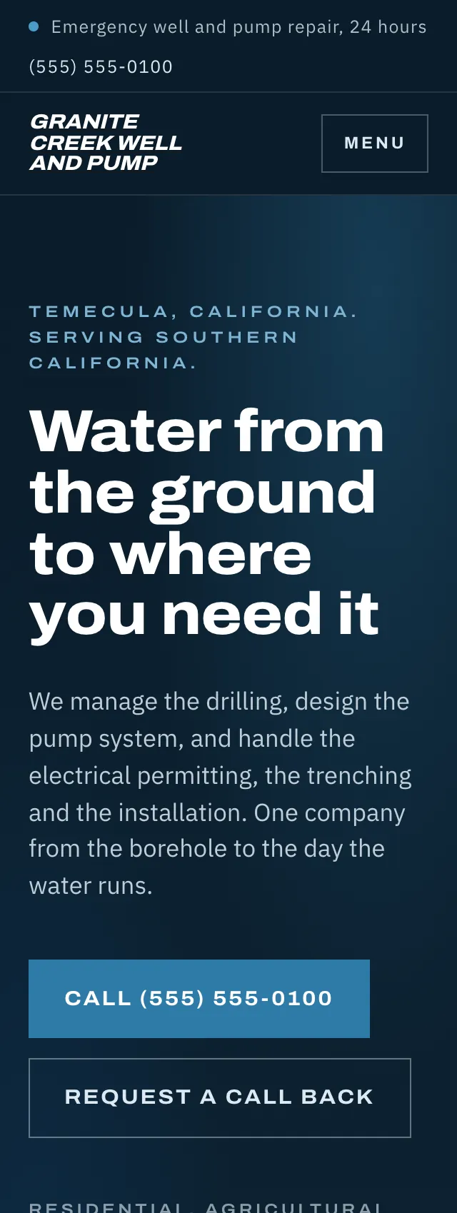 Full homepage of the well and pump service concept on a phone