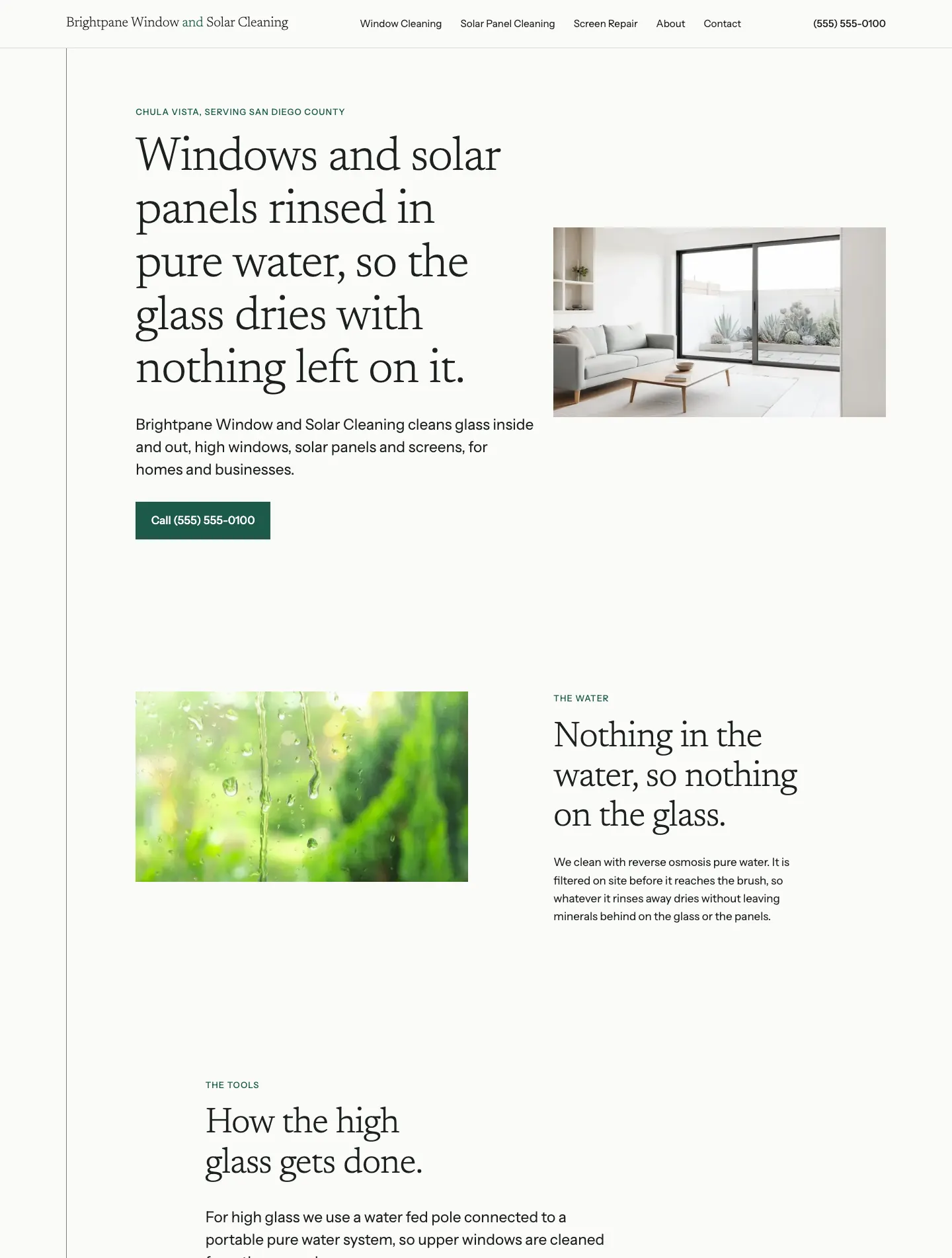 Full homepage of the window and solar cleaning concept at desktop width